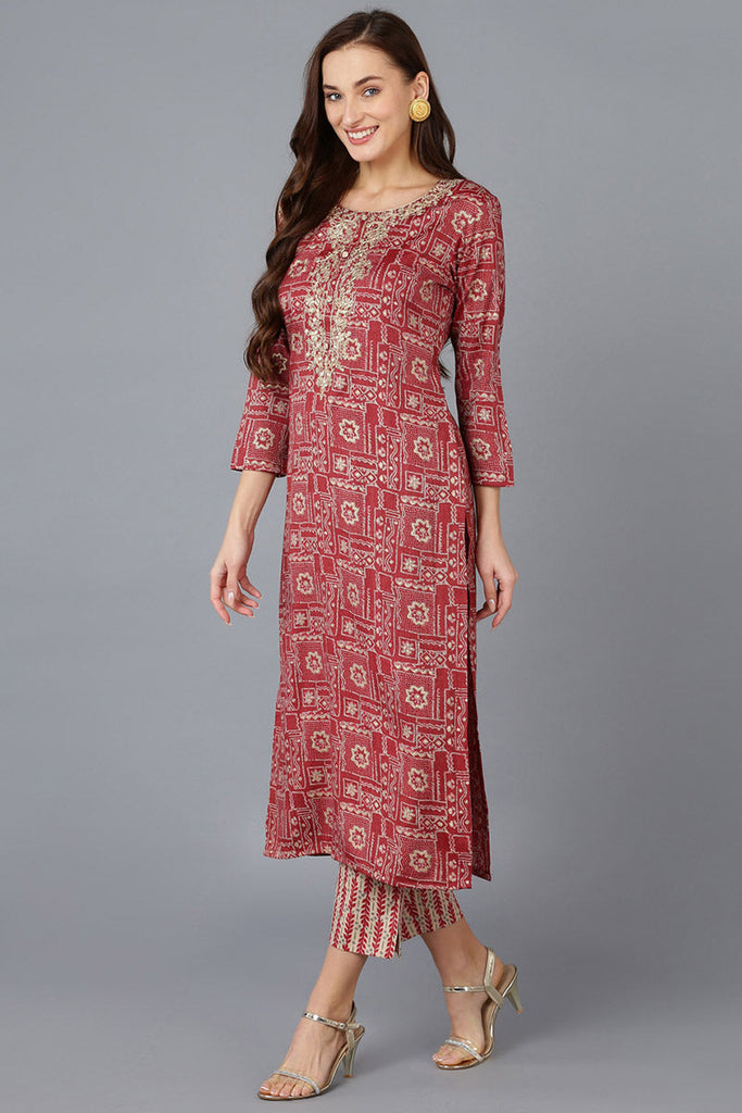 Maroon Silk Blend Geometric Embroidered Straight Kurta