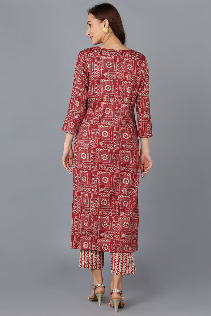 Maroon Silk Blend Geometric Embroidered Straight Kurta