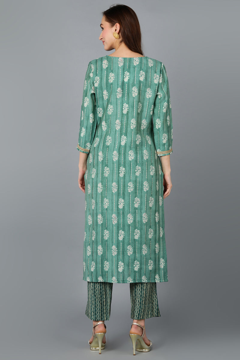 Green Silk Blend Geometric Embroidered Kurta VCK9087