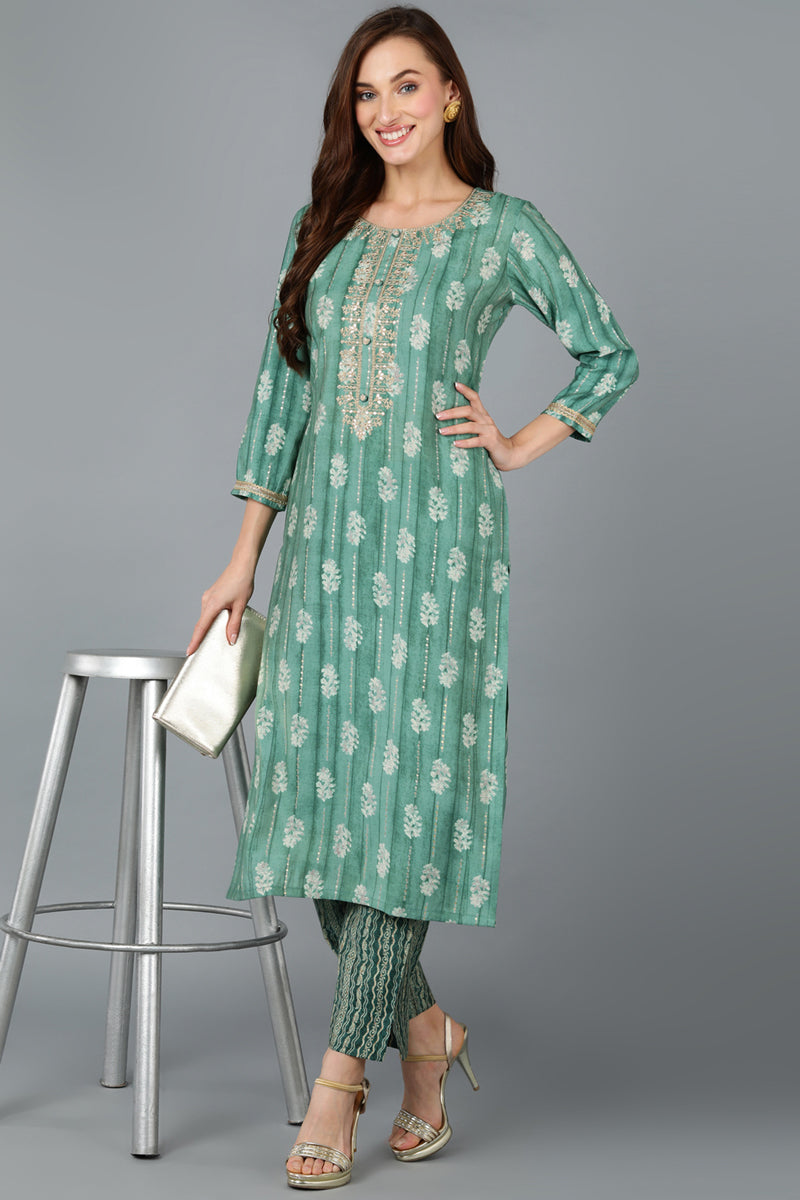 Green Silk Blend Geometric Embroidered Kurta VCK9087