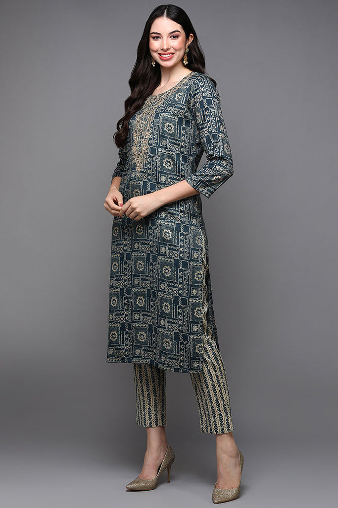 Blue Silk Blend Ethnic Motifs Straight Kurta VCK9089