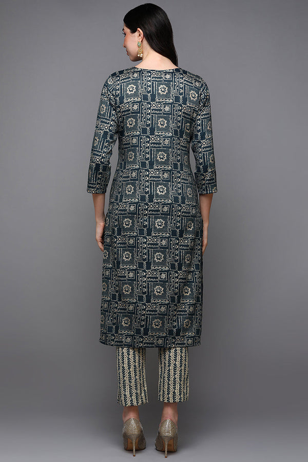 Blue Silk Blend Ethnic Motifs Straight Kurta VCK9089