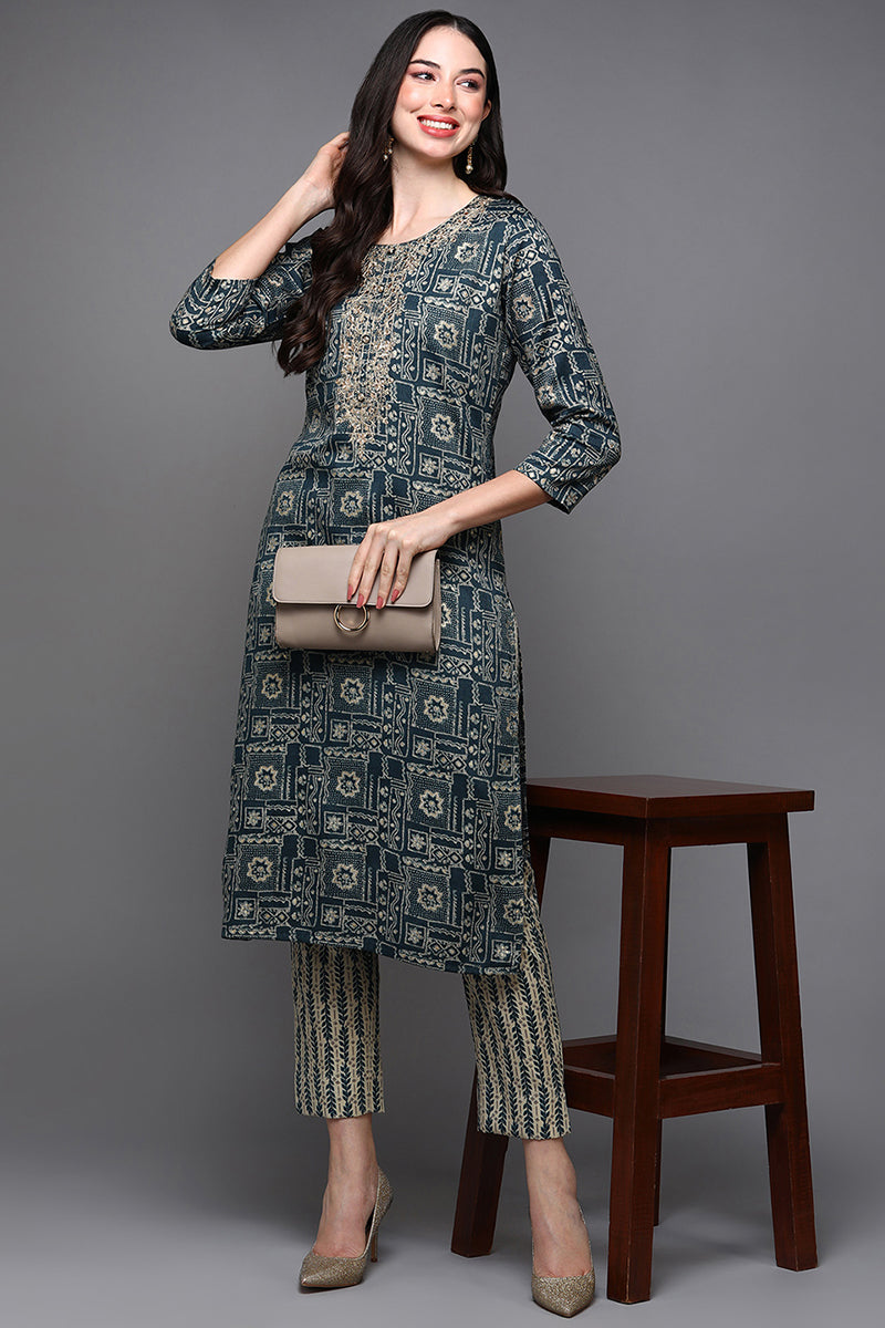 Blue Silk Blend Ethnic Motifs Straight Kurta VCK9089