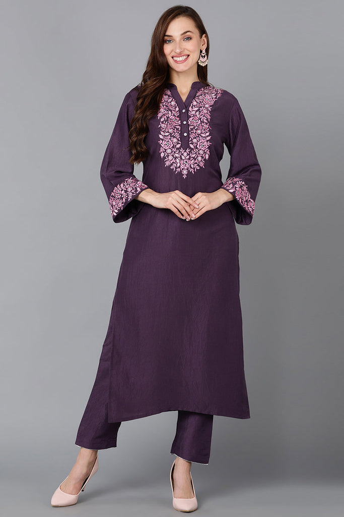 Purple Silk Blend Embroidered Kurta VCK9108