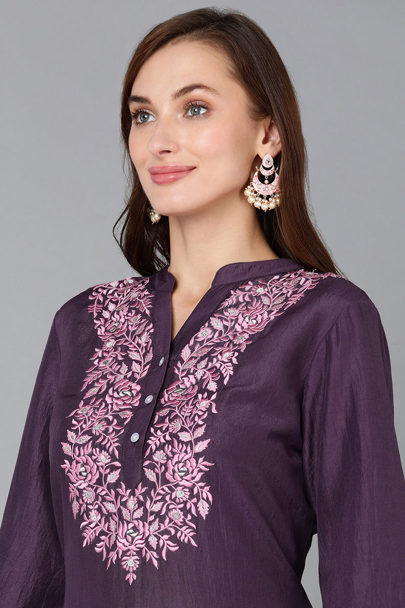 Purple Silk Blend Embroidered Kurta VCK9108