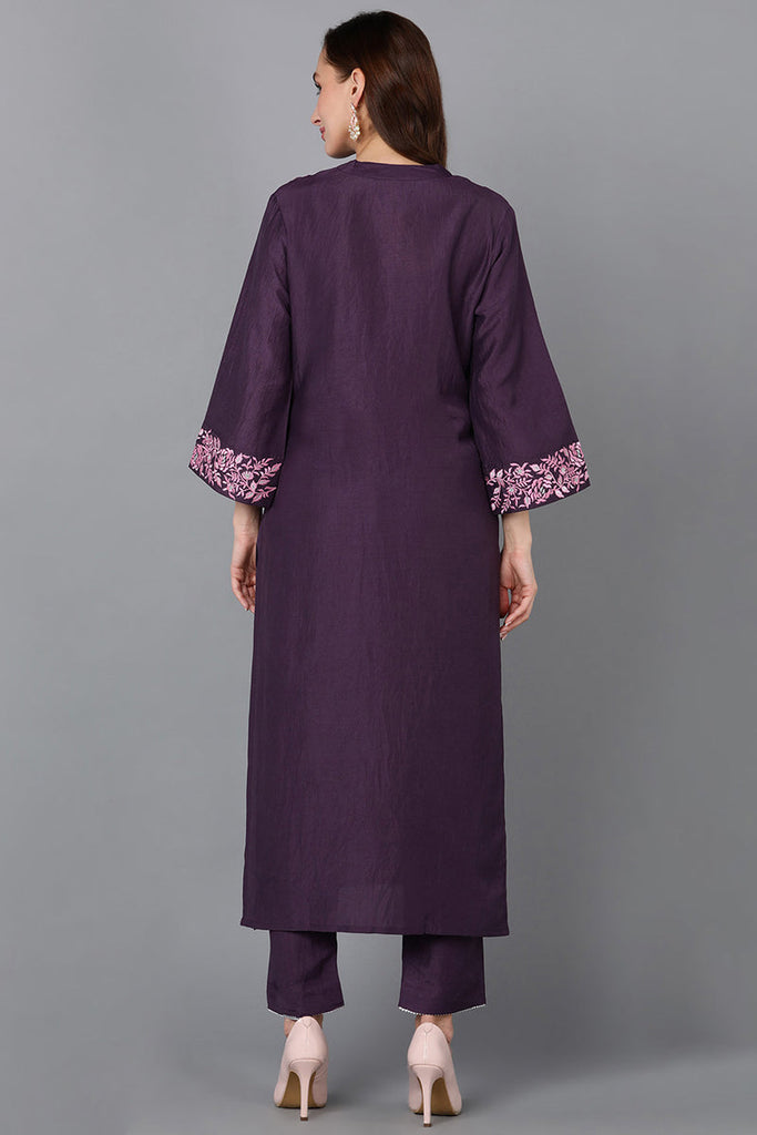 Purple Silk Blend Embroidered Kurta VCK9108