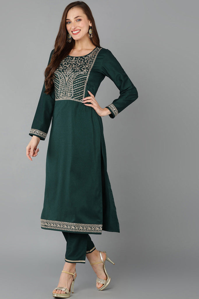 Green Silk Blend Straight Kurta 