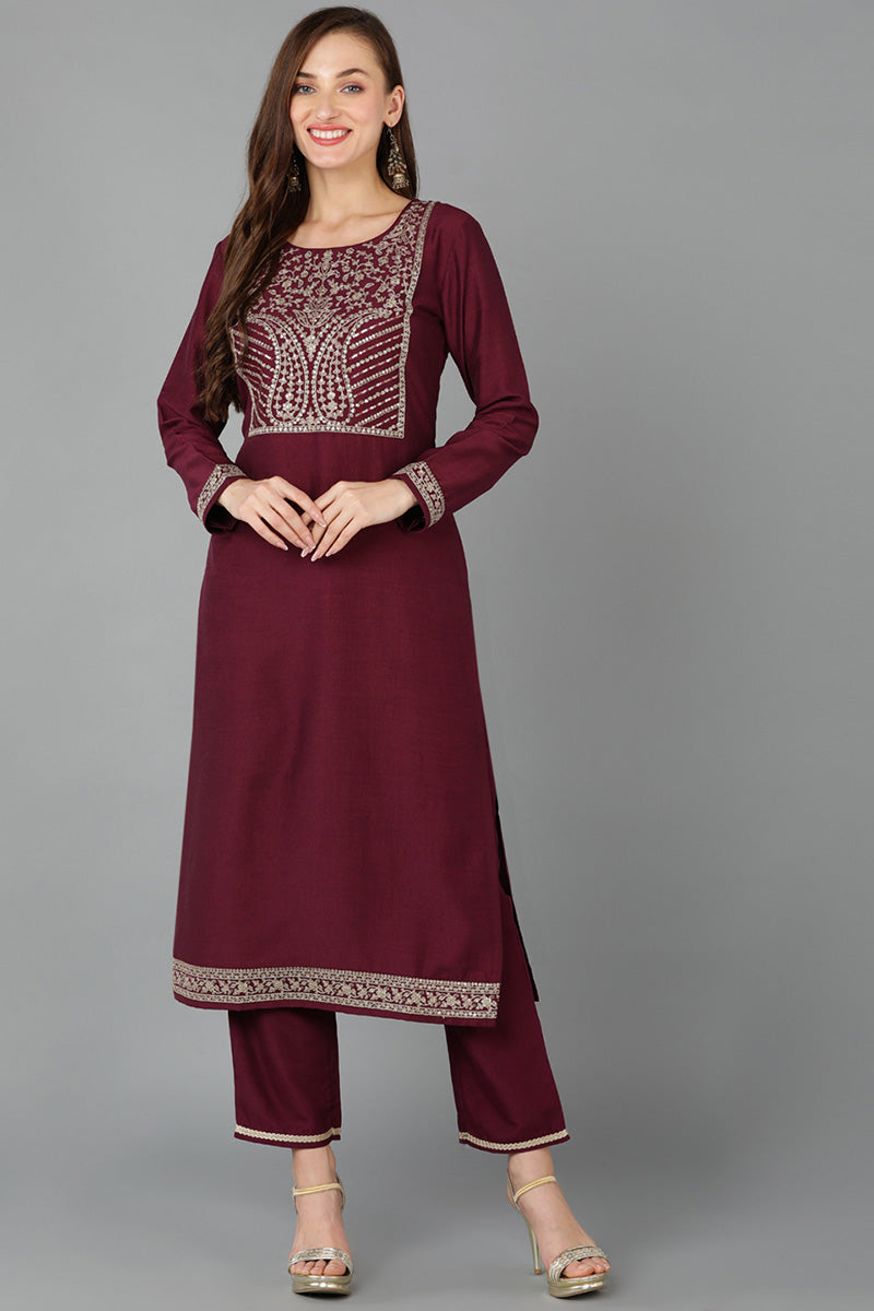 Maroon Silk Blend Straight Kurta 