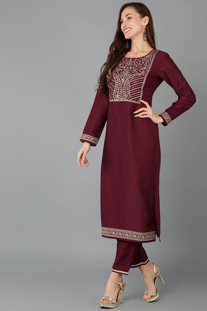 Maroon Silk Blend Straight Kurta 