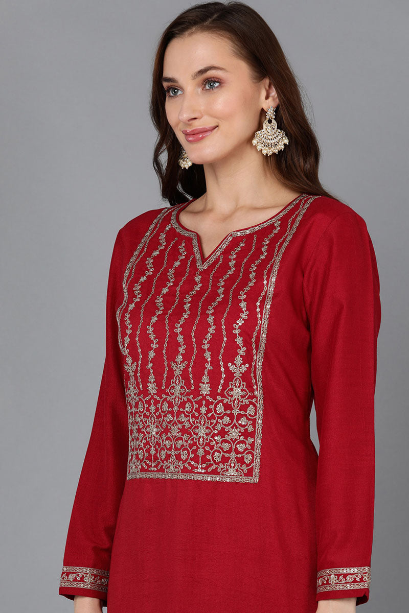 Red Silk Blend Straight Kurta  