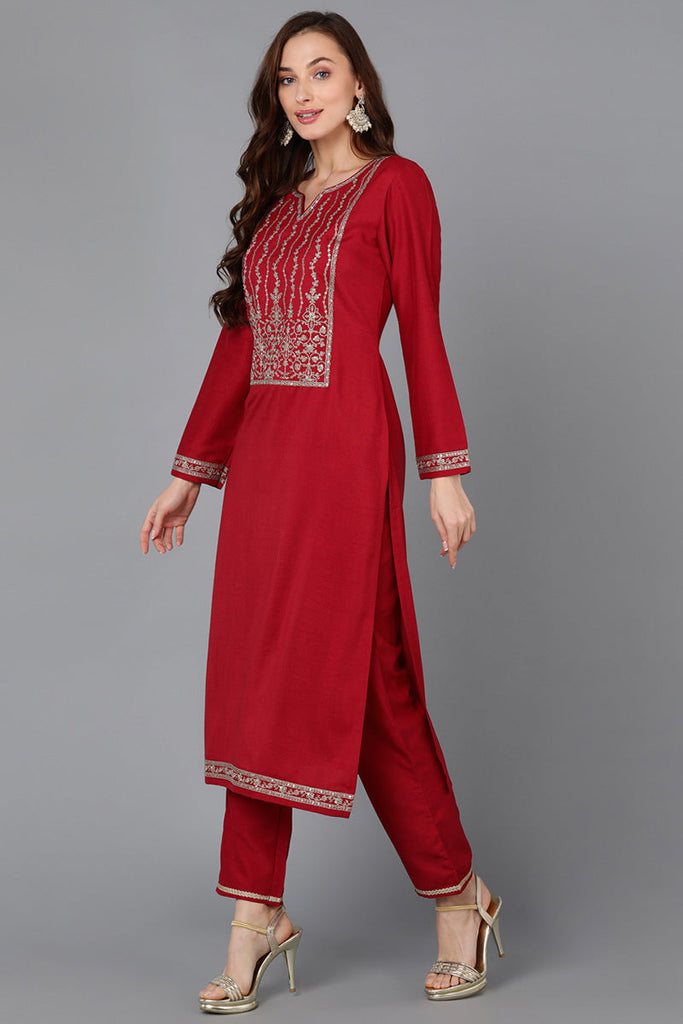 Red Silk Blend Straight Kurta  