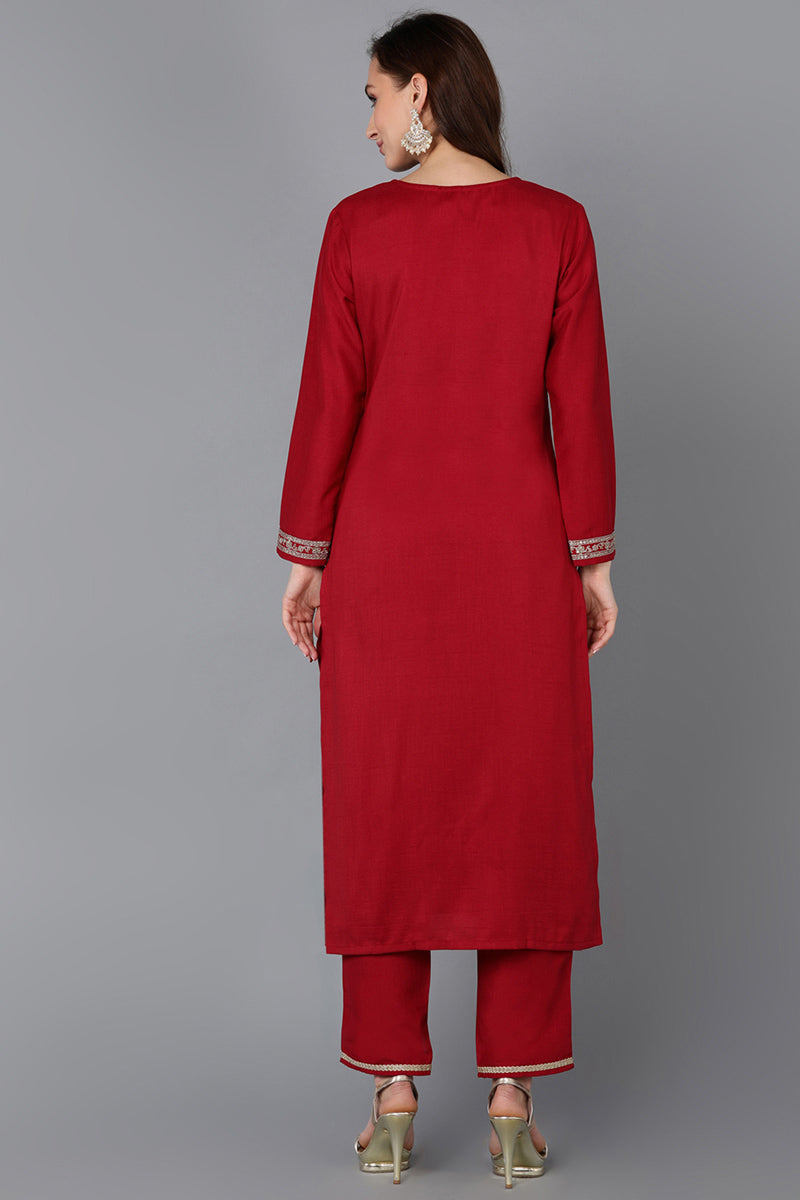 Red Silk Blend Straight Kurta  