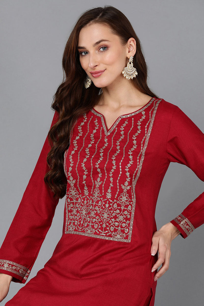 Red Silk Blend Straight Kurta  