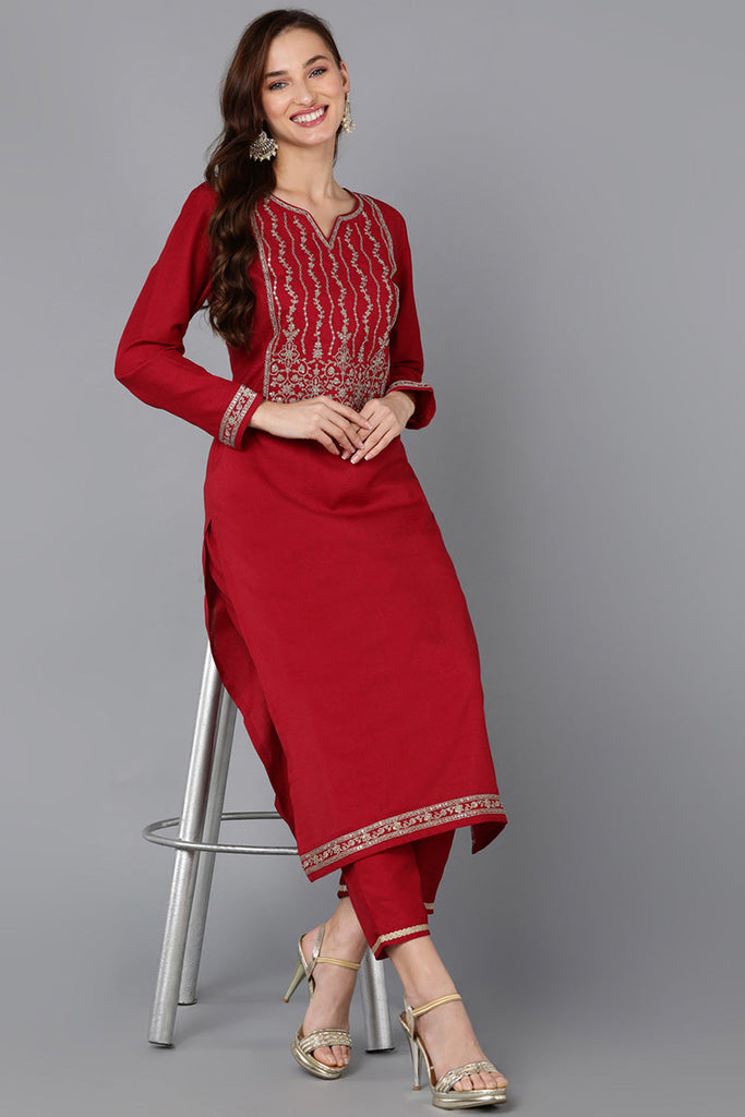 Red Silk Blend Straight Kurta  