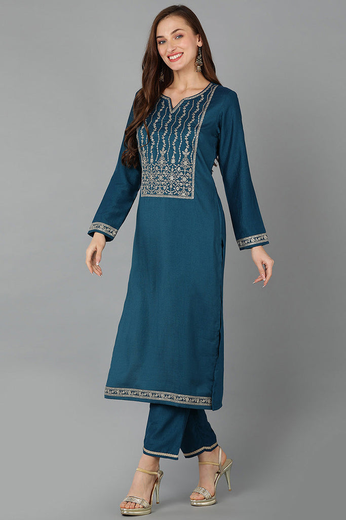 Teal Silk Blend Straight Kurta 