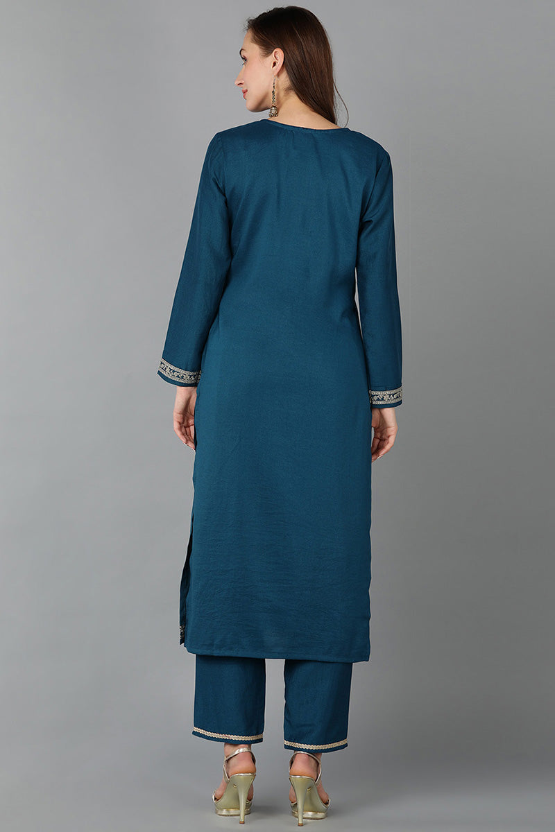 Teal Silk Blend Straight Kurta 