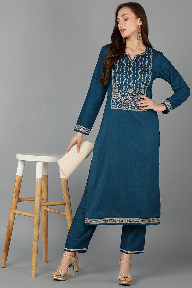 Teal Silk Blend Straight Kurta 