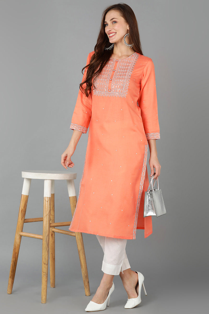 Peach Cotton Blend Straight Kurta 