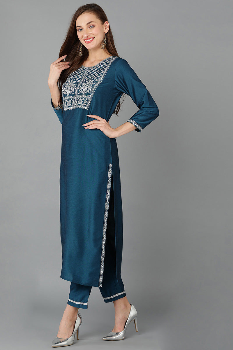 Teal Silk Blend Straight Kurta 