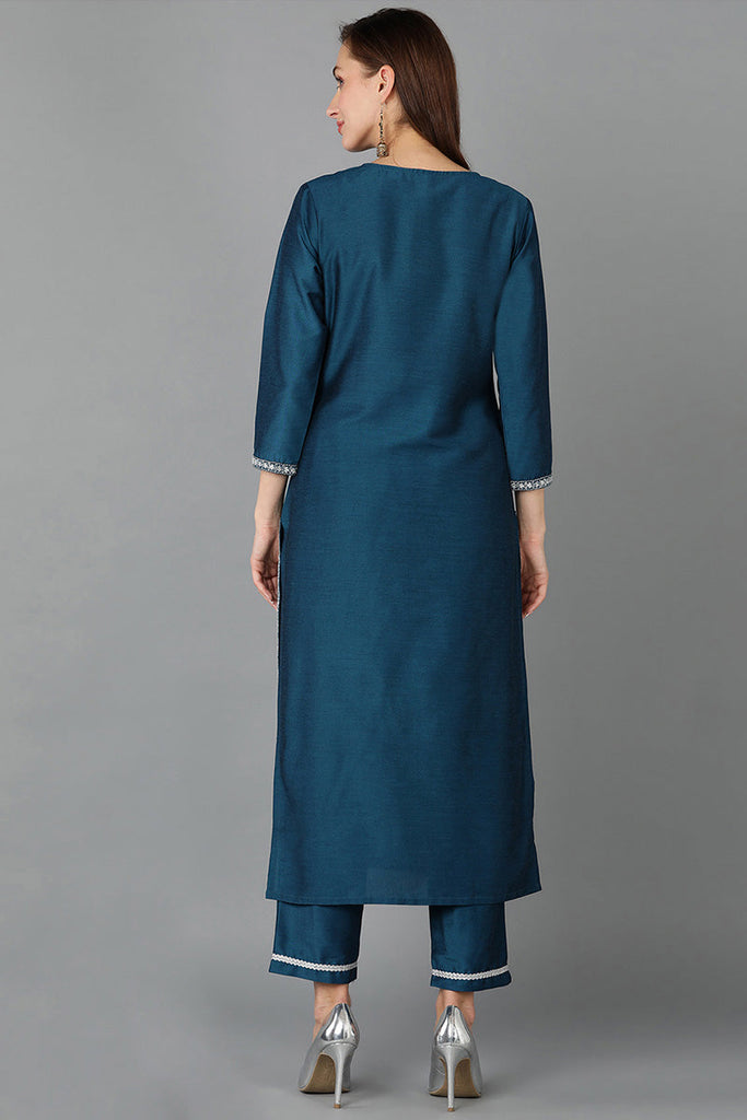 Teal Silk Blend Straight Kurta 