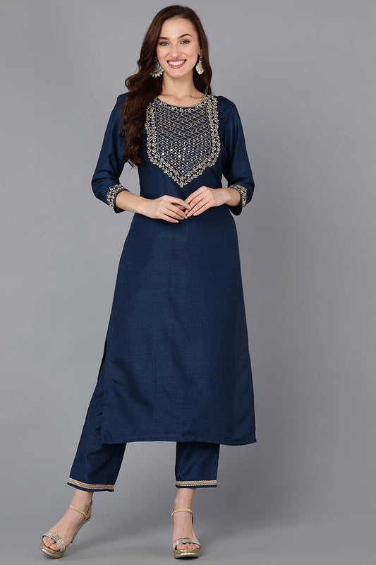 Navy Blue Silk Blend Straight Kurta 