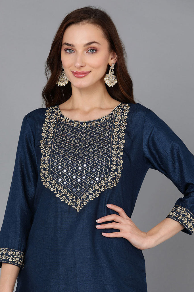 Navy Blue Silk Blend Straight Kurta 