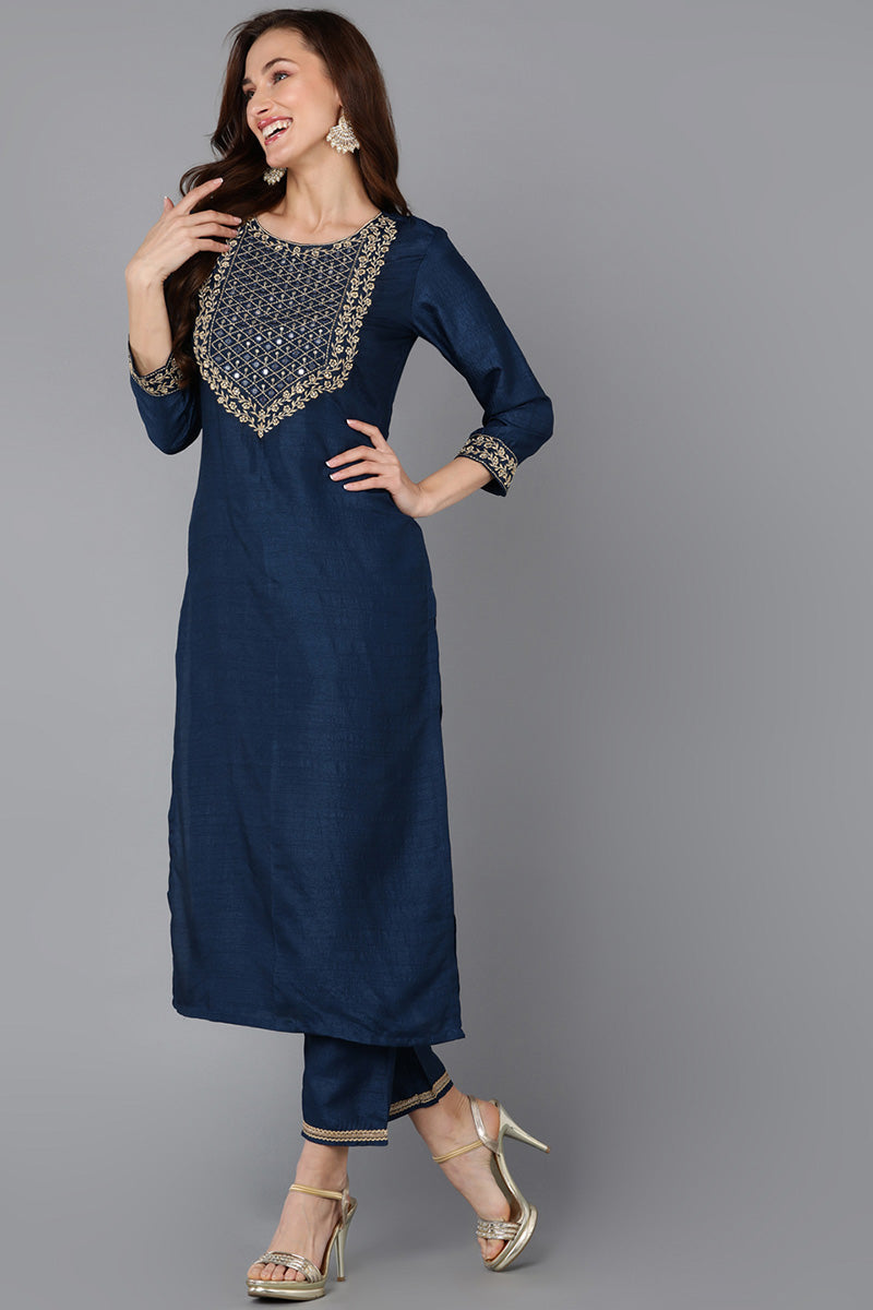 Navy Blue Silk Blend Straight Kurta 