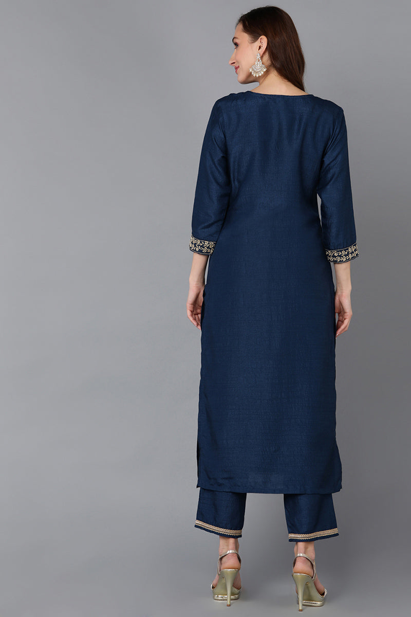 Navy Blue Silk Blend Straight Kurta 