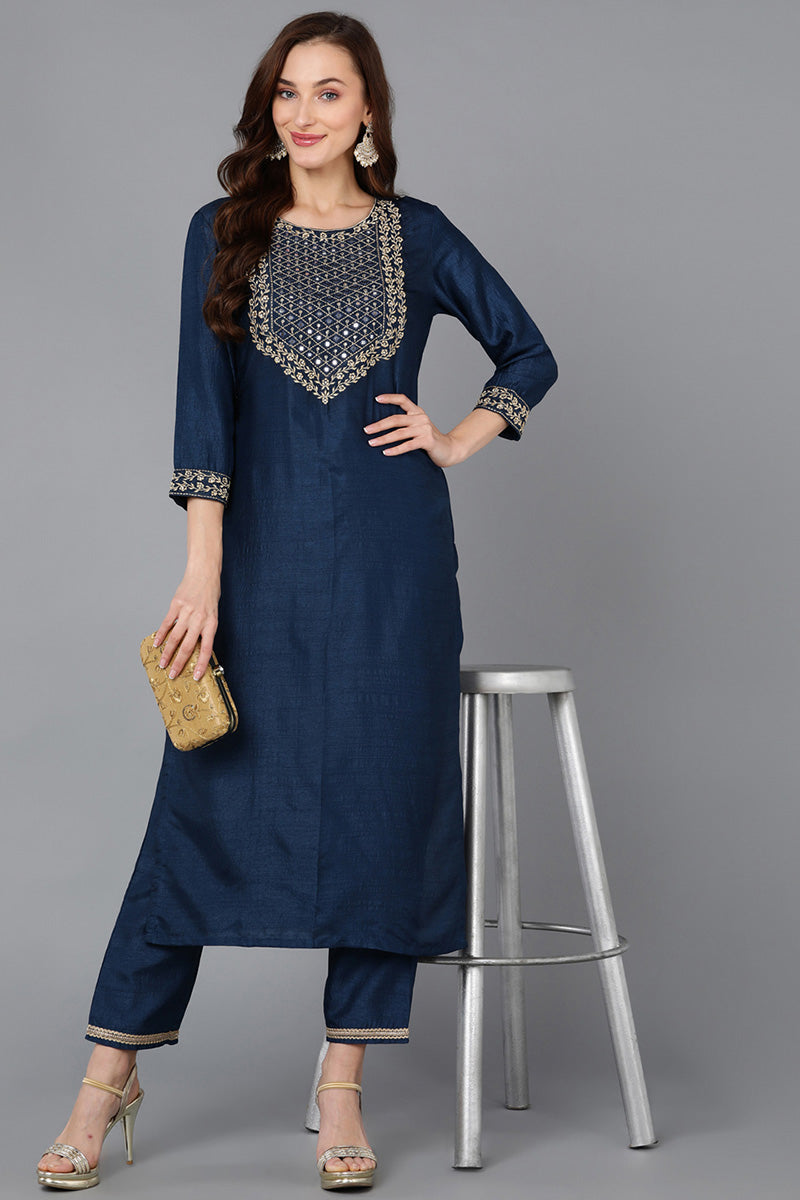 Navy Blue Silk Blend Straight Kurta 