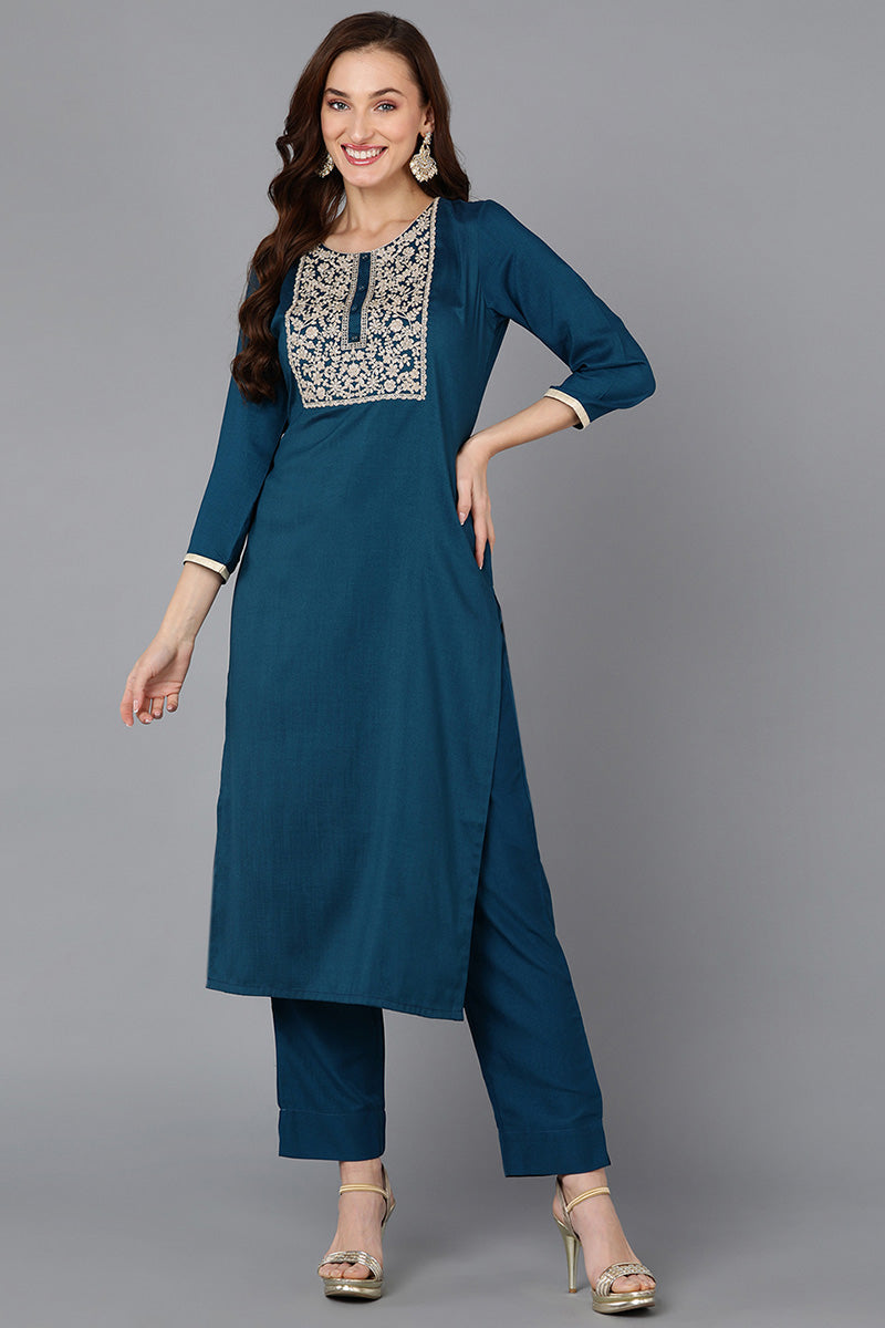 Teal Silk Blend Straight Kurta 