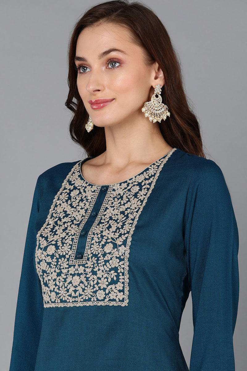 Teal Silk Blend Straight Kurta 