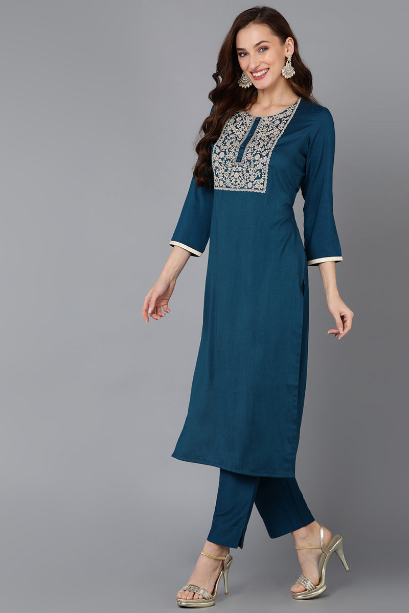 Teal Silk Blend Straight Kurta 