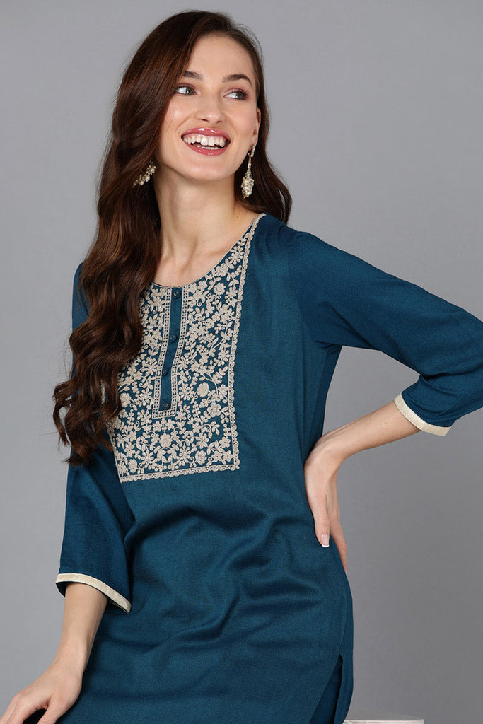 Teal Silk Blend Straight Kurta 