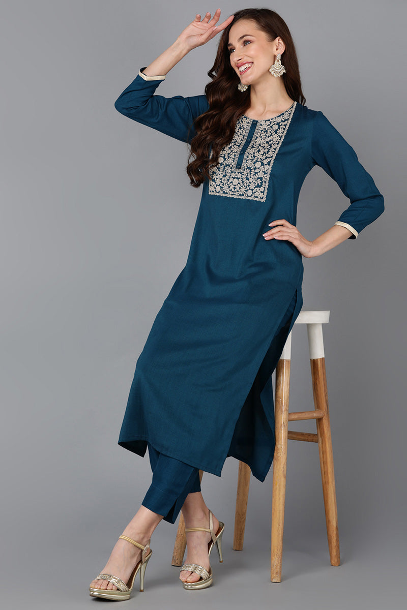 Teal Silk Blend Straight Kurta 