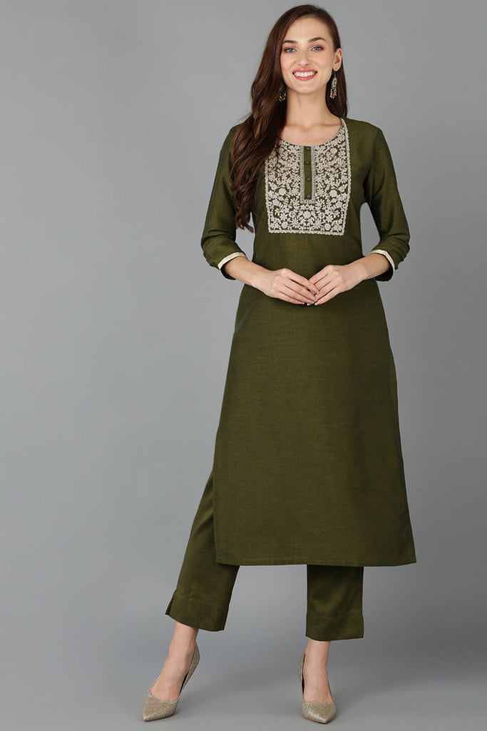 Olive Silk Blend Straight Kurta 