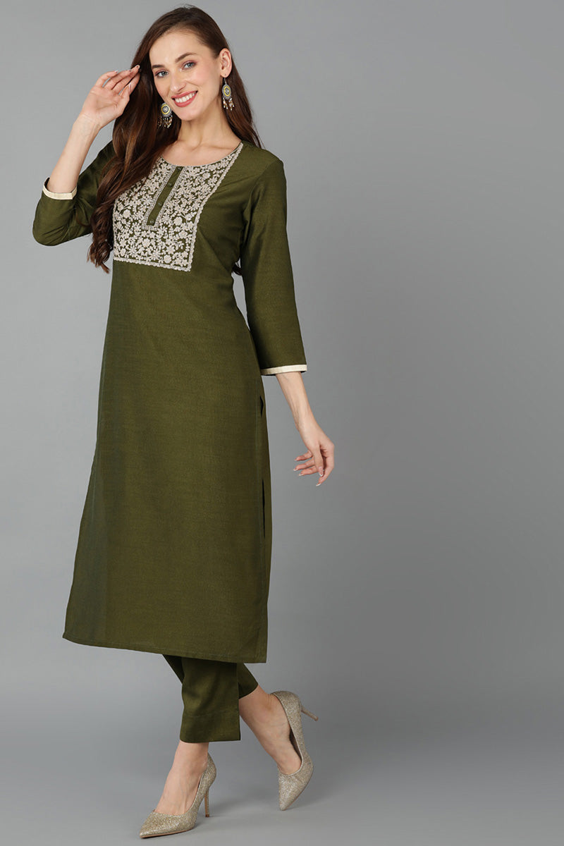 Olive Silk Blend Straight Kurta 