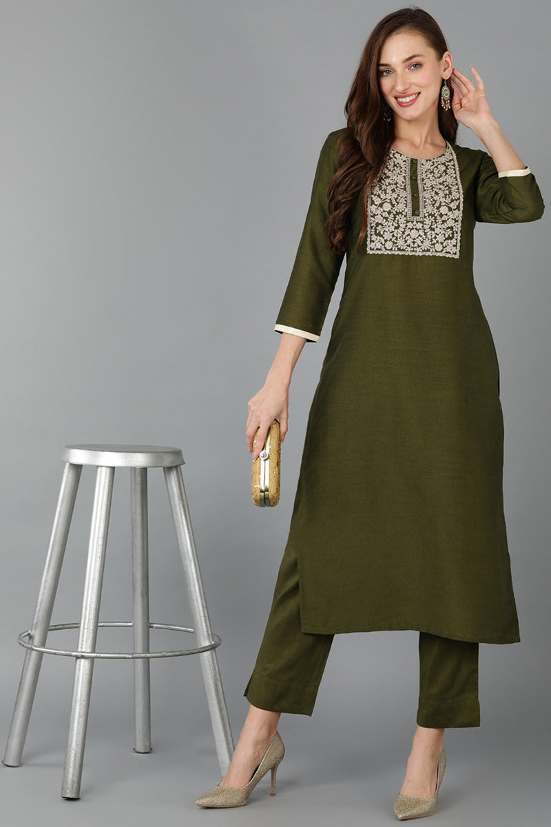 Olive Silk Blend Straight Kurta 