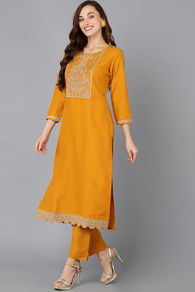 Mustard Silk Blend Solid Straight Kurta VCK9127