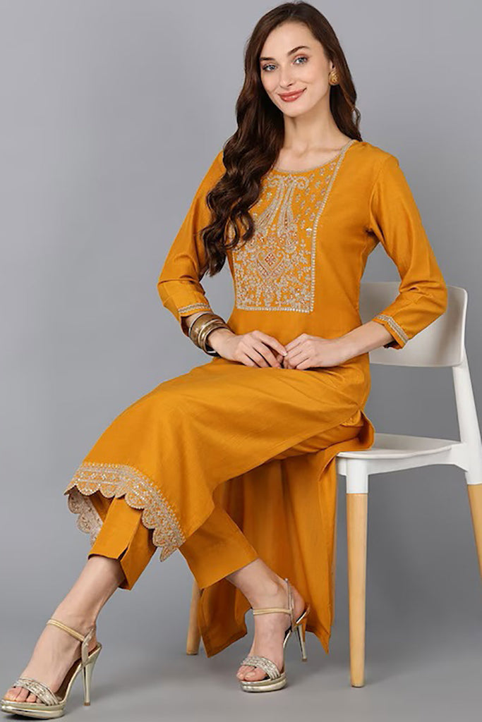 Mustard Silk Blend Solid Straight Kurta VCK9127