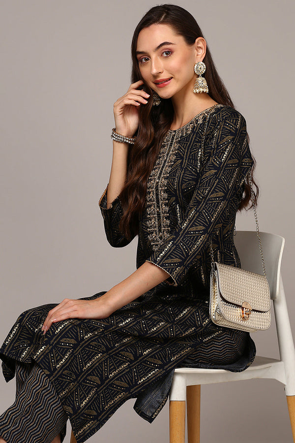 Blue Silk Blend Ethnic Motifs Straight Kurta VCK9130