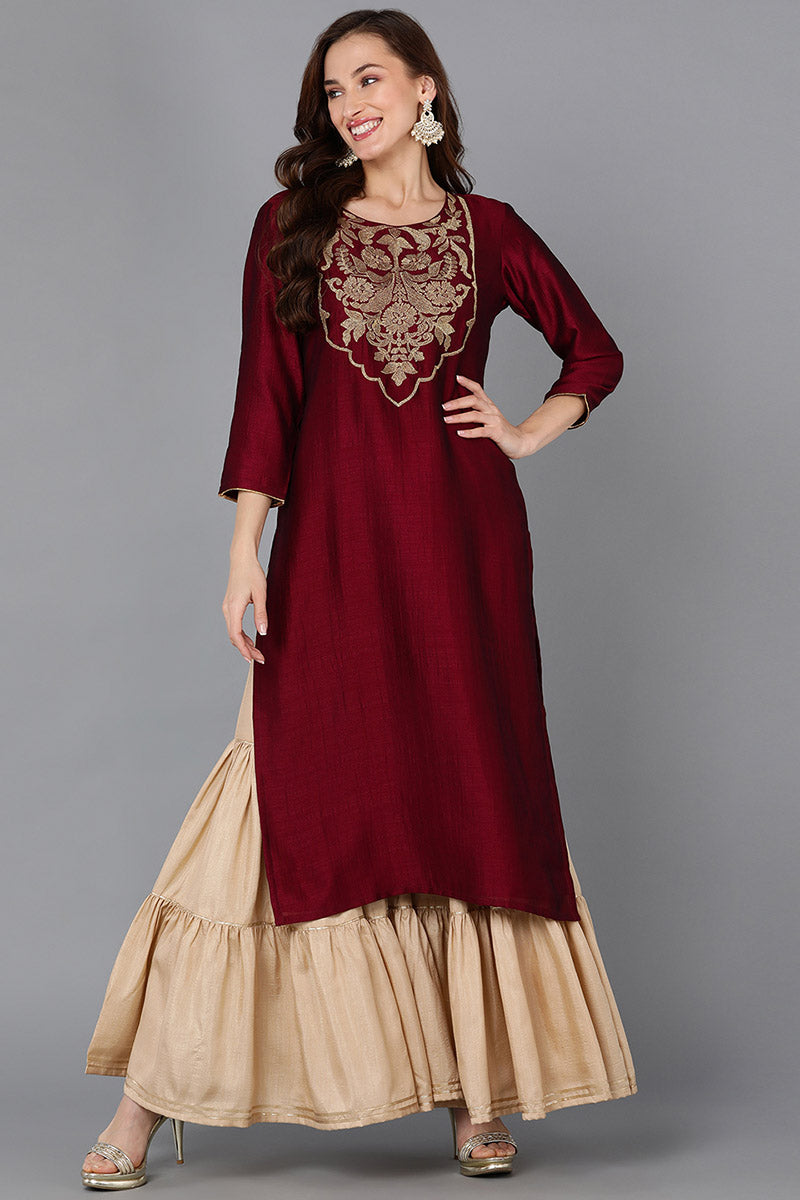 Maroon Silk Blend Straight Kurta 