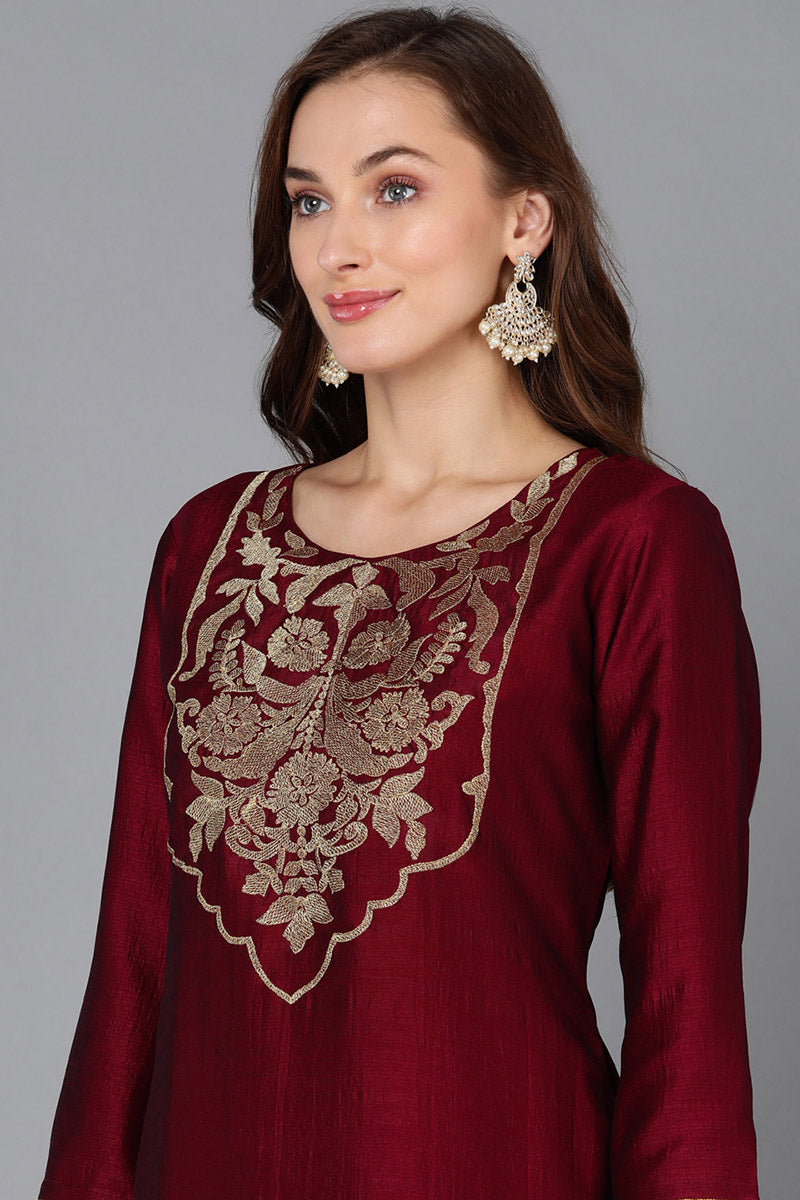 Maroon Silk Blend Straight Kurta 