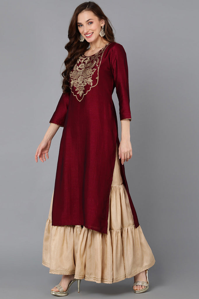 Maroon Silk Blend Straight Kurta 