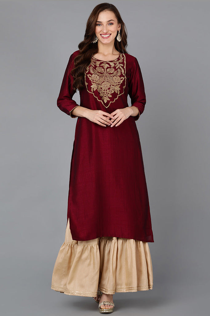 Maroon Silk Blend Straight Kurta 