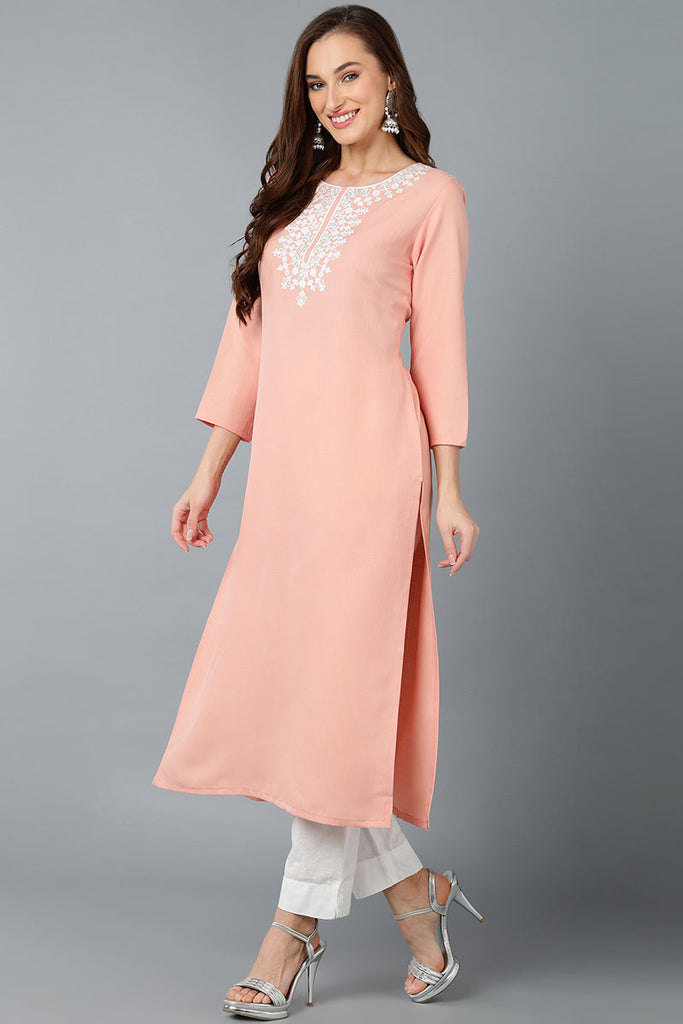 Peach Cotton Blend Embroidered Kurta VCK9147