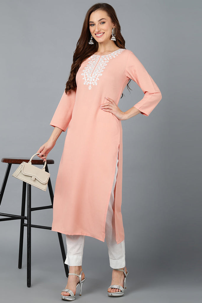 Peach Cotton Blend Embroidered Kurta VCK9147