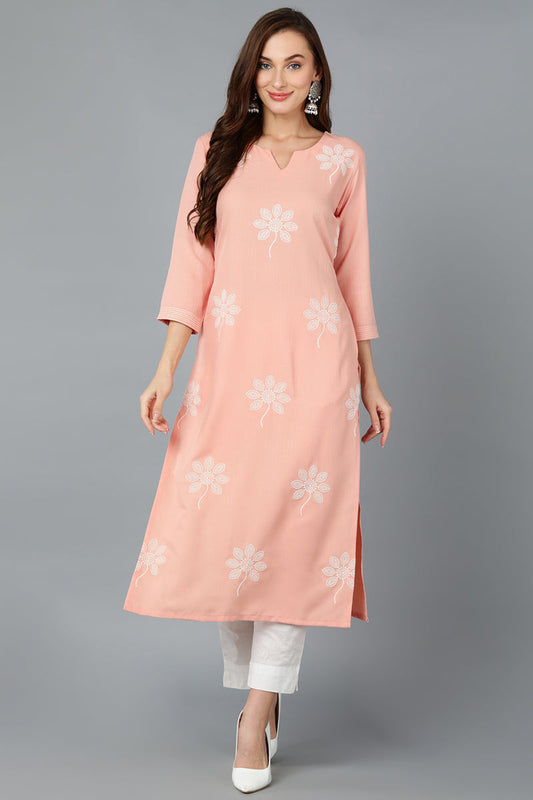 Peach Cotton Blend Embroidered Kurta VCK9163