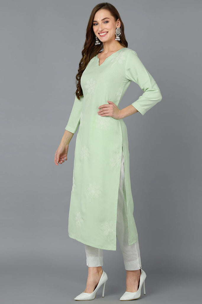 Sea Green Cotton Blend Embroidered Kurta VCK9164