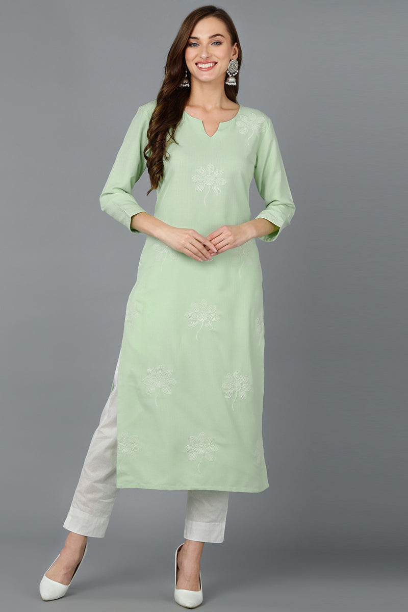 Sea Green Cotton Blend Embroidered Kurta VCK9164