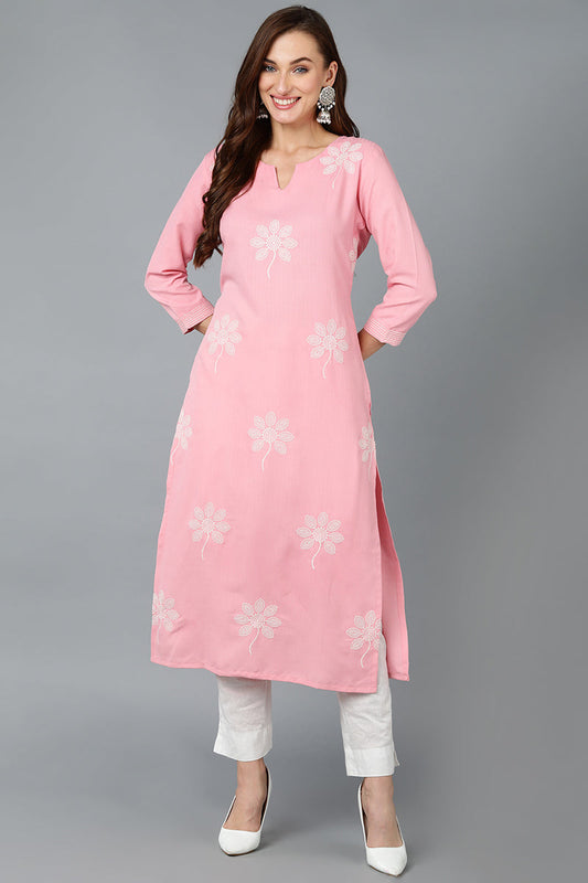 Pink Cotton Blend Embroidered Kurta VCK9165